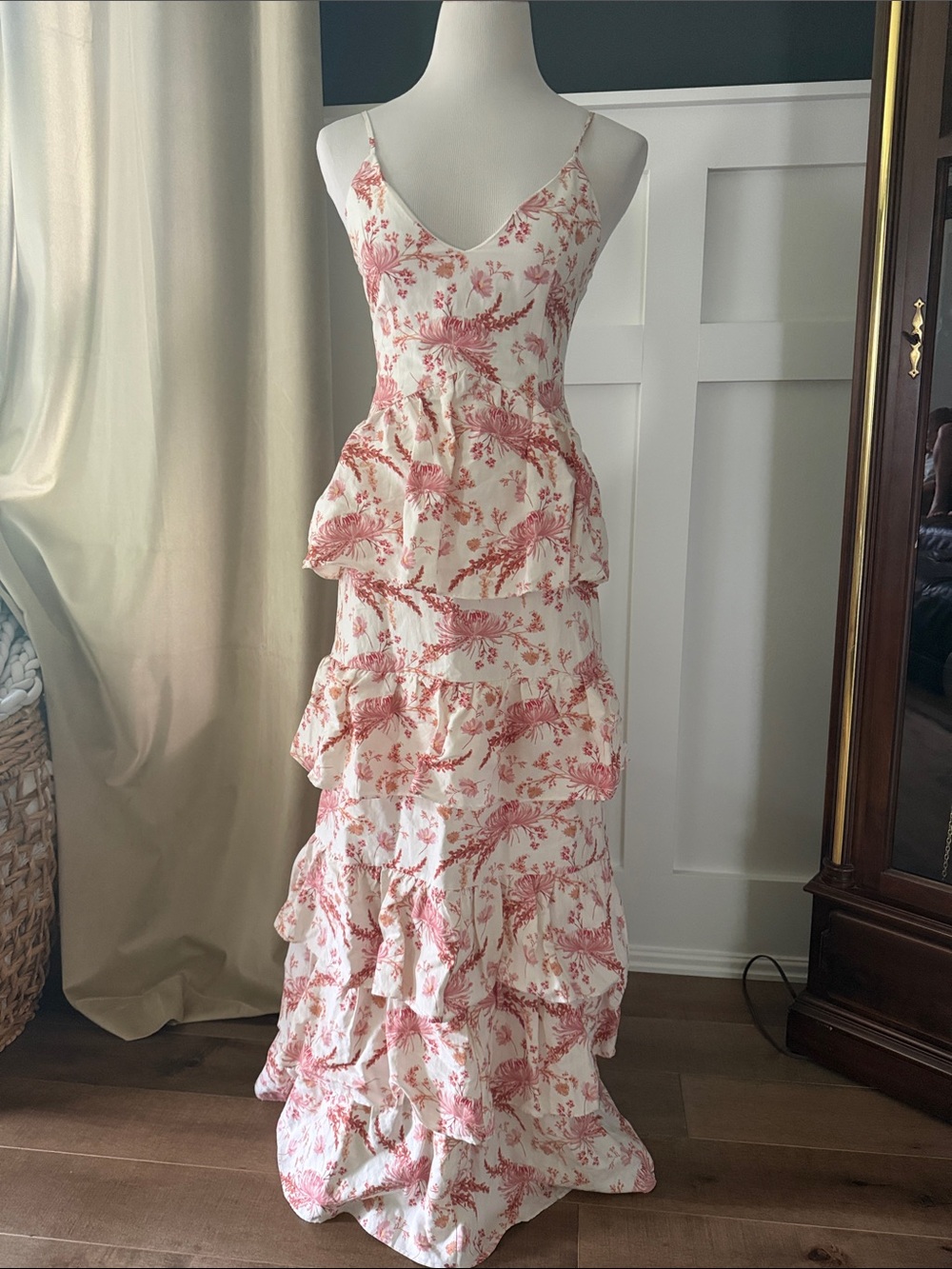Floral Tiered Spaghetti-Strap Maxi Dress in Pink on Cream